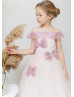 Off Shoulder Blush Pink Lace Tulle Corset Back Flower Girl Dress